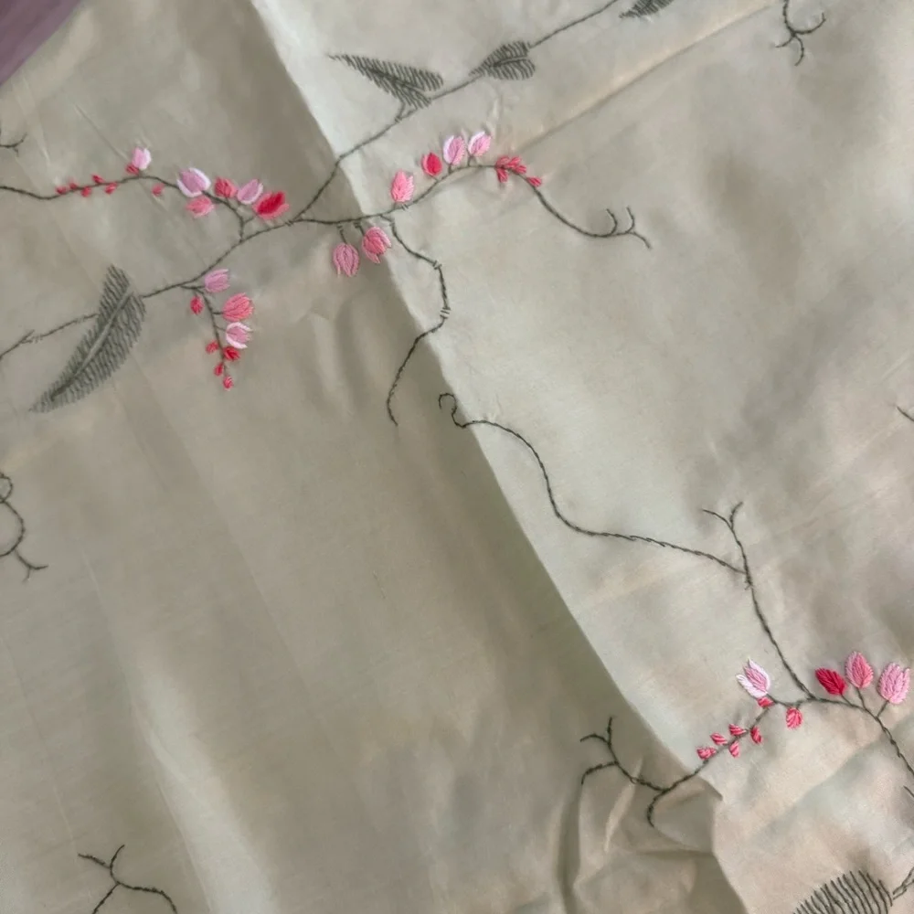 Elegant Floral Embroidered Silk Scarf in Light Green